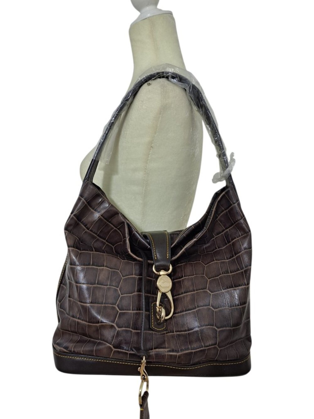 Dooney & Bourke Brown Croco Embossed Leather Logo Lock Hobo Shoulder Bag